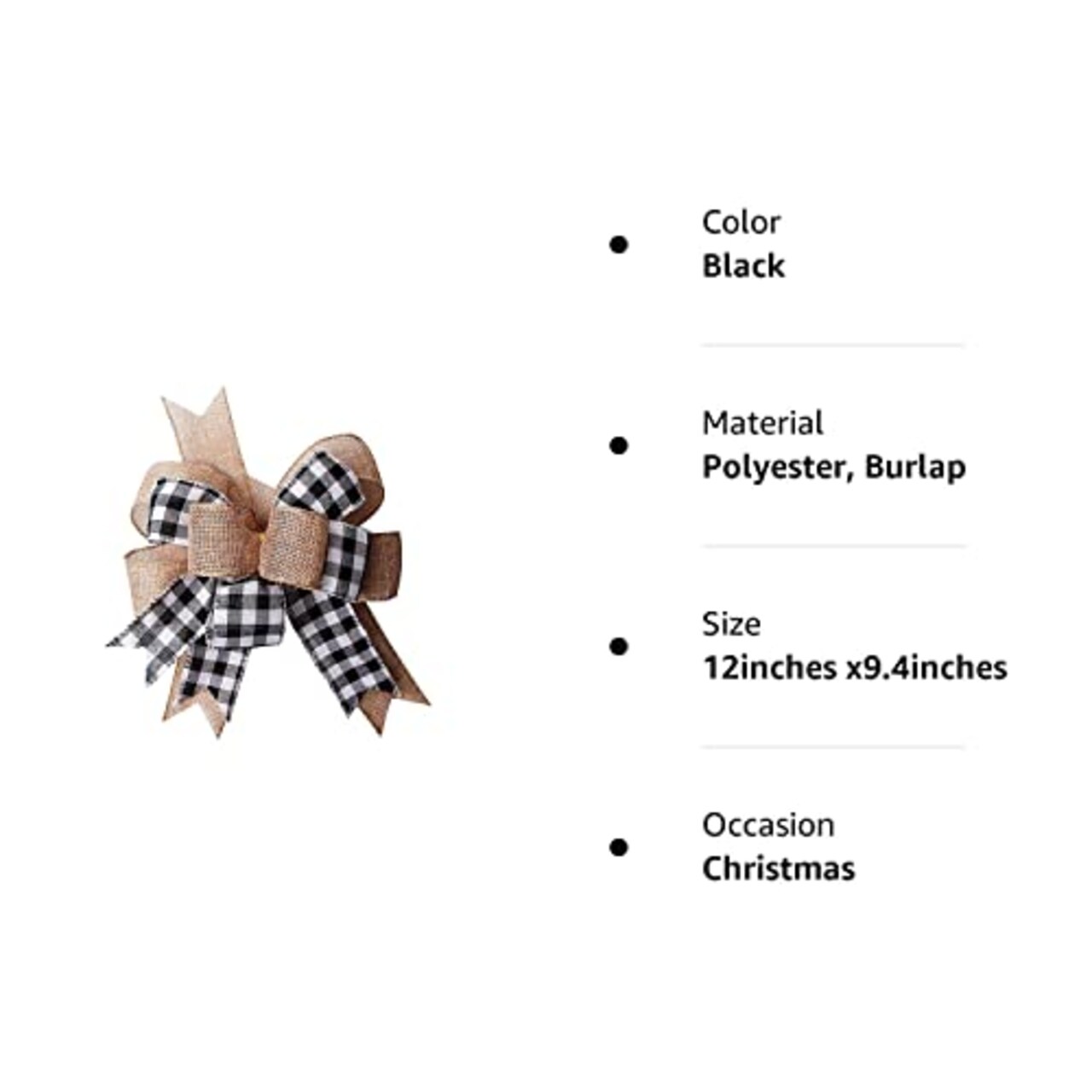 Black White Plaid Gift Bows Burlap Wreaths Bows Christmas Tree Topper for Wedding Holiday Birthday Party Decoration 12" x 9.4"